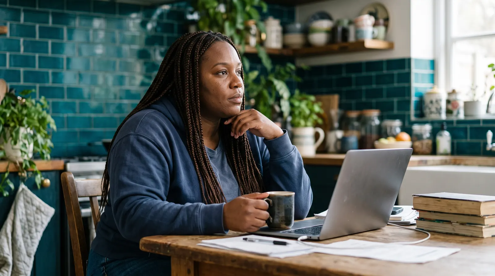 A creator at a kitchen table with a laptop, working out what they are owed