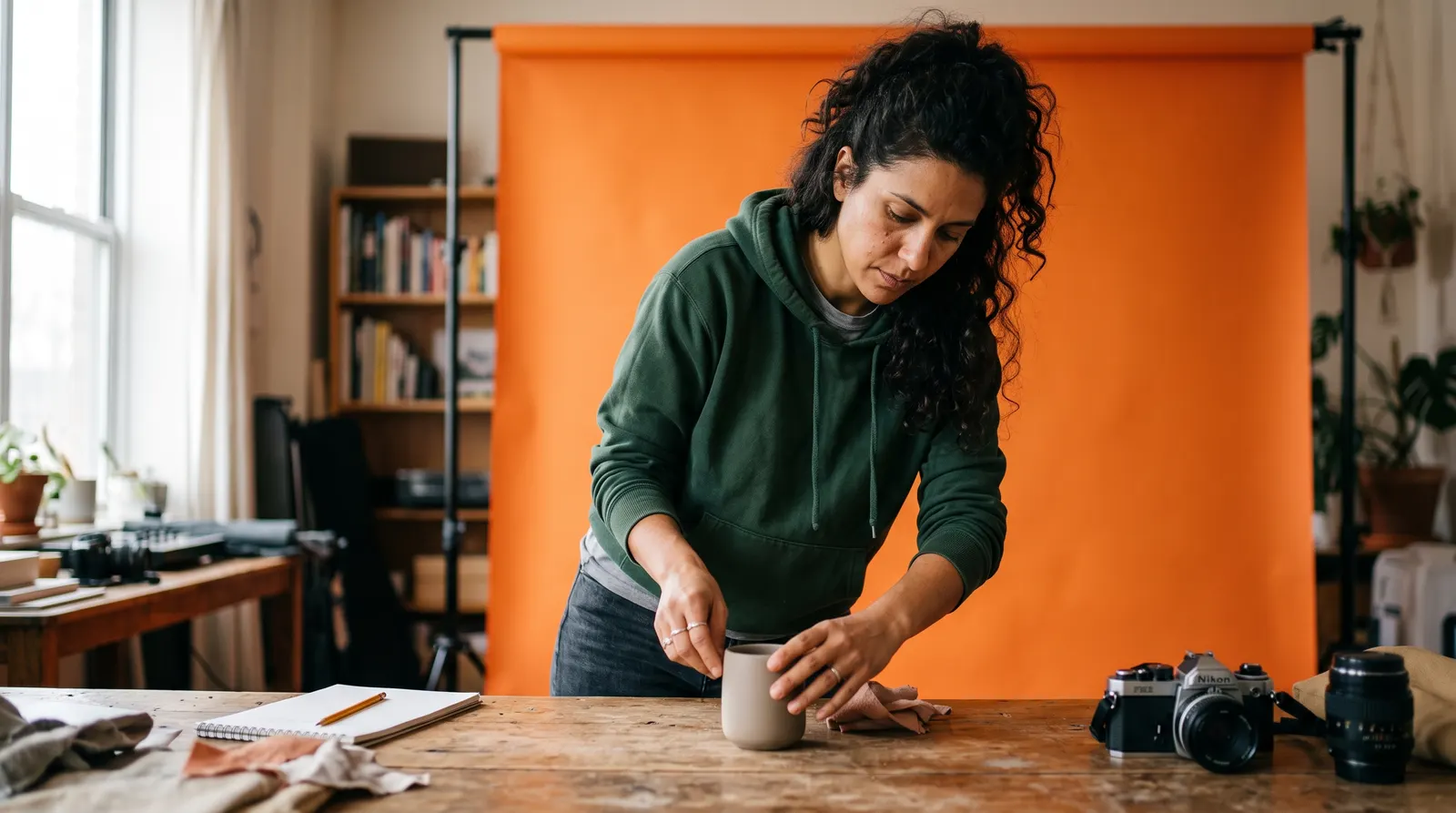 A UGC creator setting up a shot, working from home