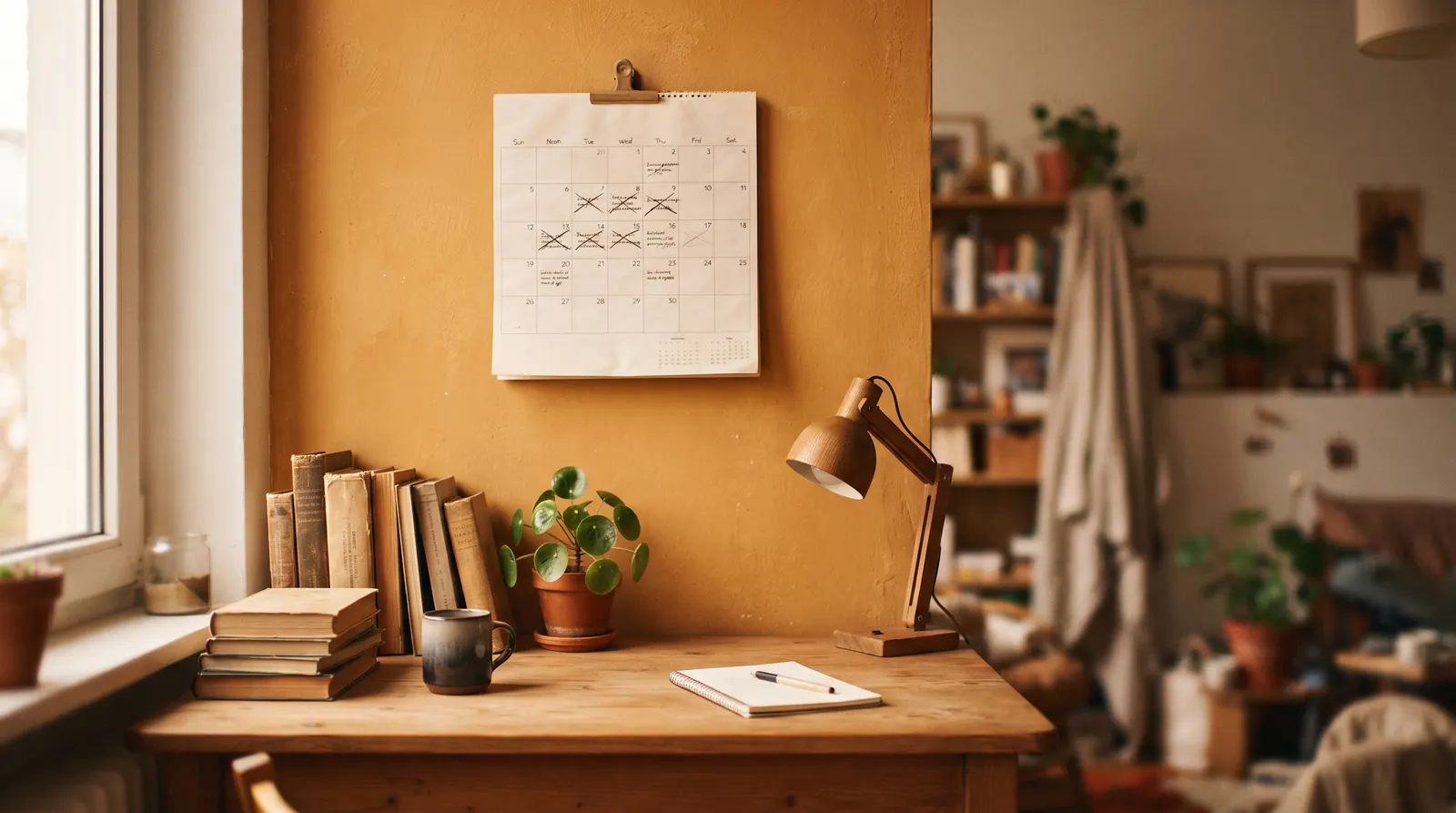 A creator's desk with a calendar, planning brand outreach
