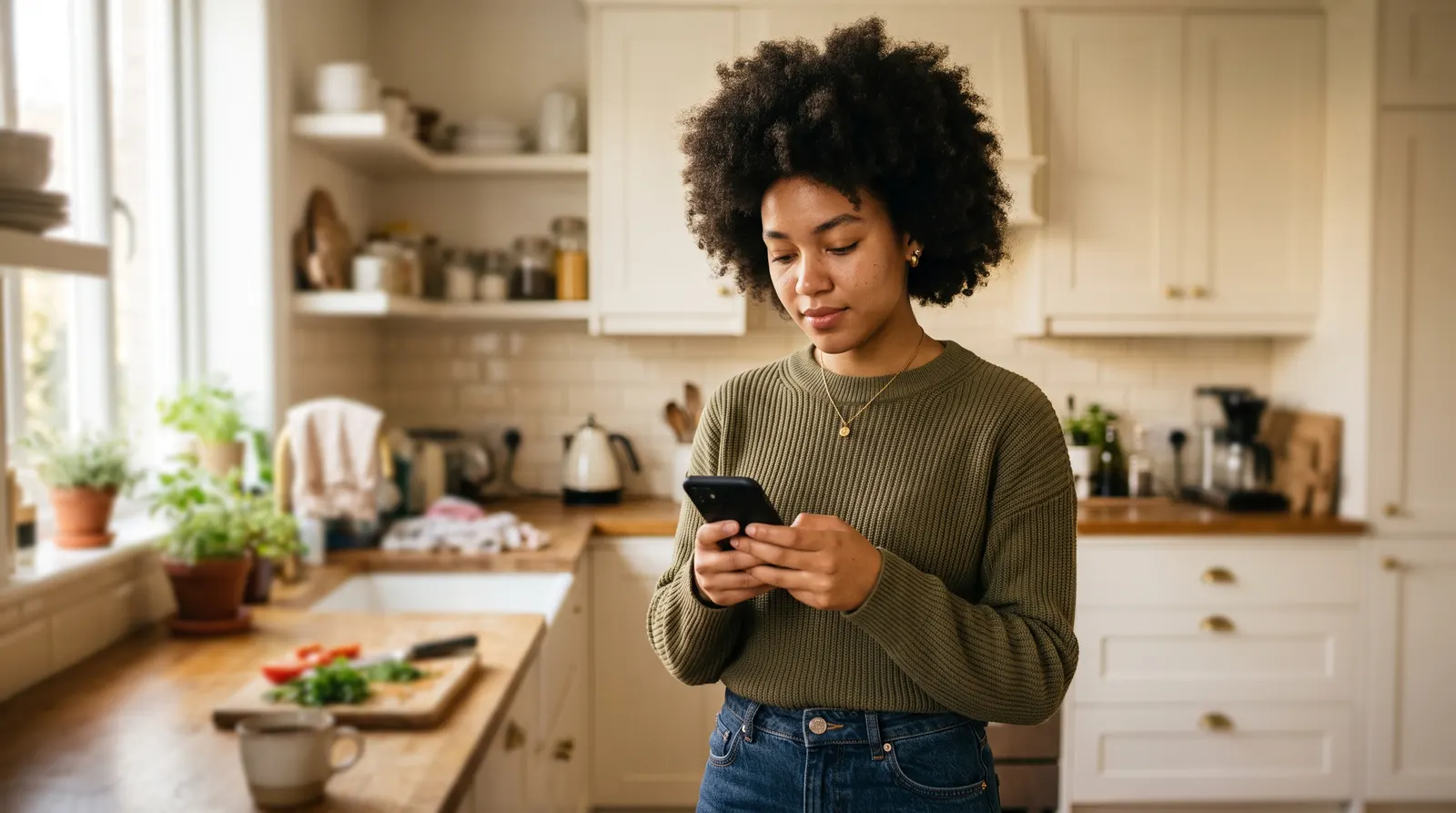 A creator checking their phone at a counter, waiting for a brand to respond